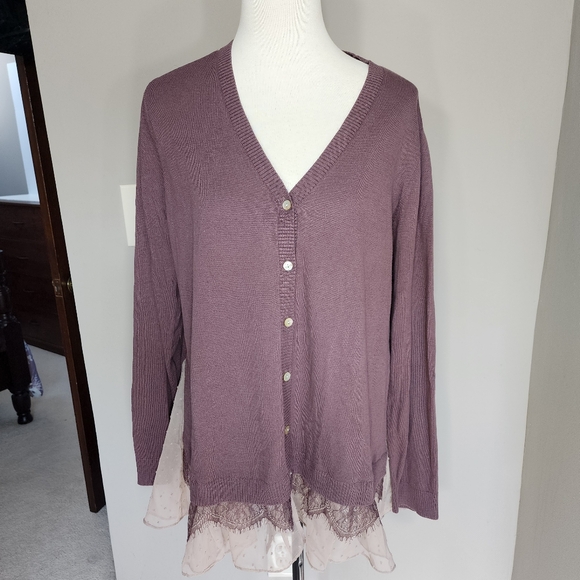 Logo women's mauve cardigan sweater with ruffle lace hem size extra large XL - Picture 2 of 13